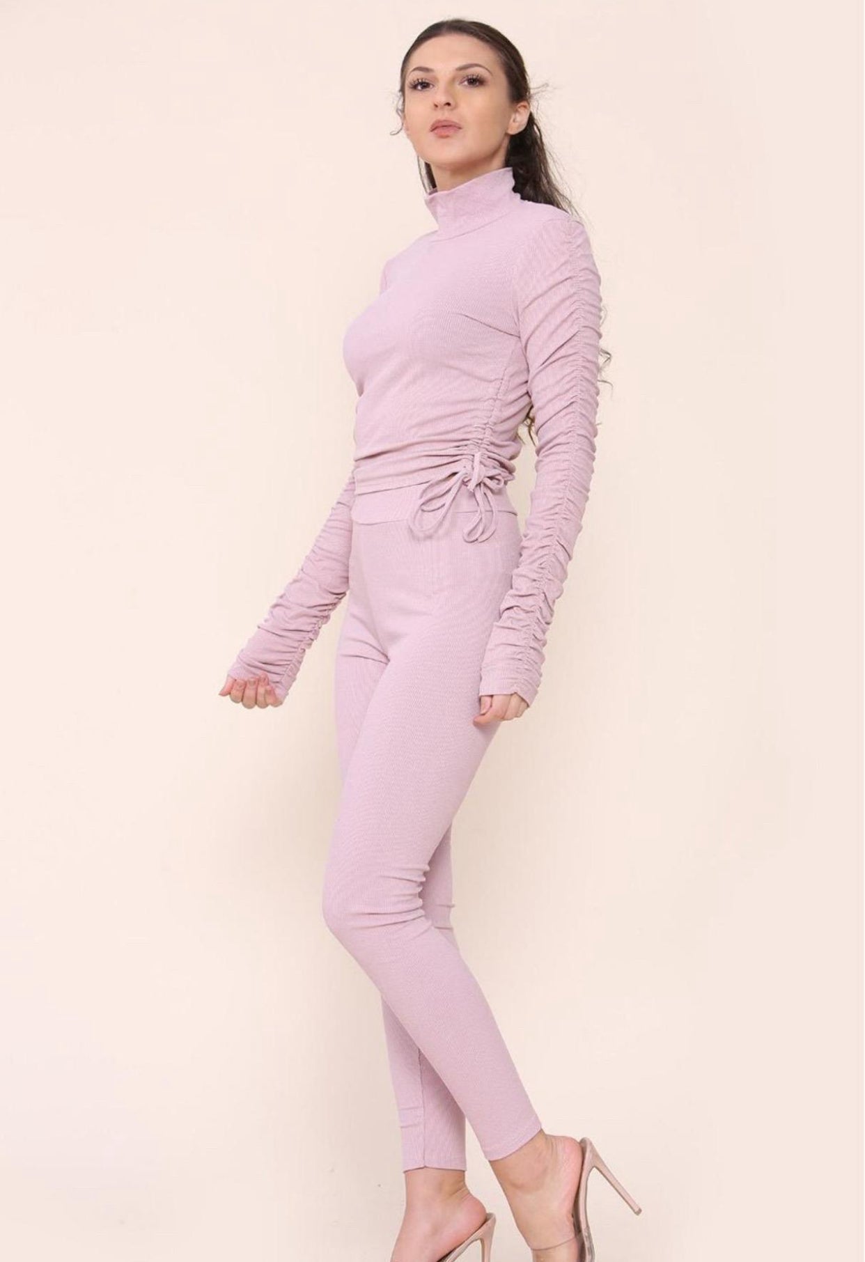 High Neck Ruched Side Arm Solid Drawstrings Ribbed Tee and Leggings set