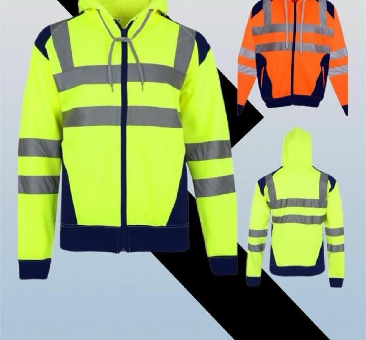 Mens Hi Vis Jacket Work Safety Visibility Contrast Patches Zipper Fleece Hoodies Menswear