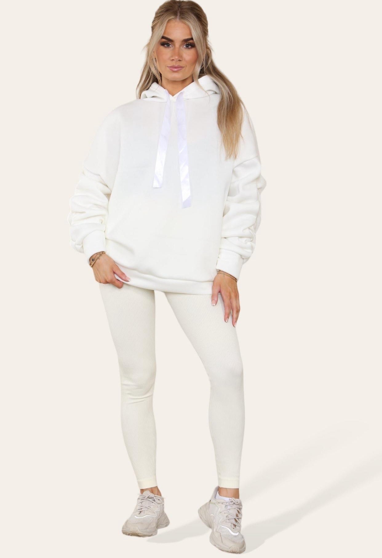 Oversized Ruched Sleeves Hoodie With Satin Ribbon with High Waist High Rise Seamless Ribbed Legging Set