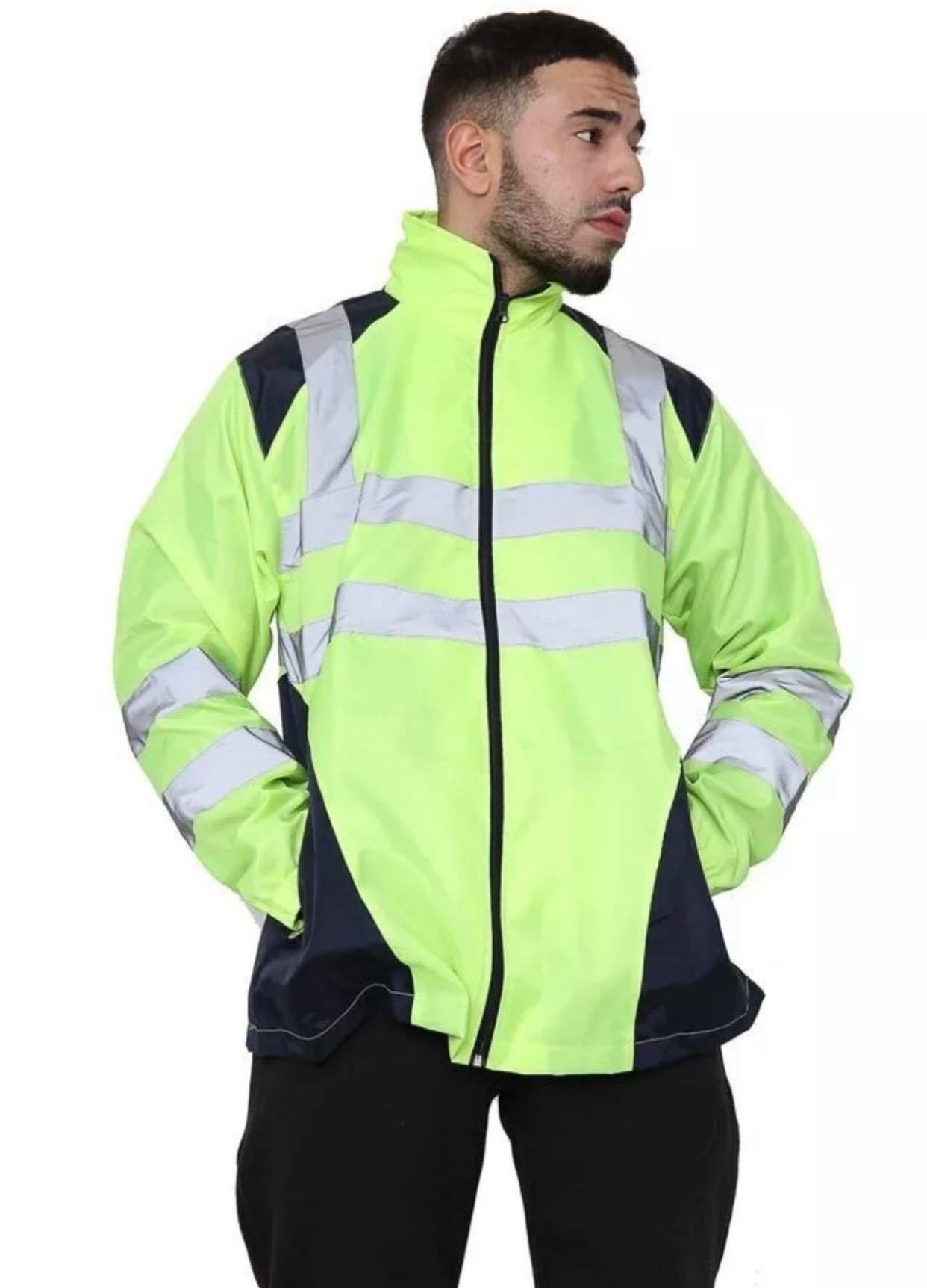 Men's Hi Vis Rian Jacket Patched Hood Waterproof Zipper Hooded Jacket Menswear