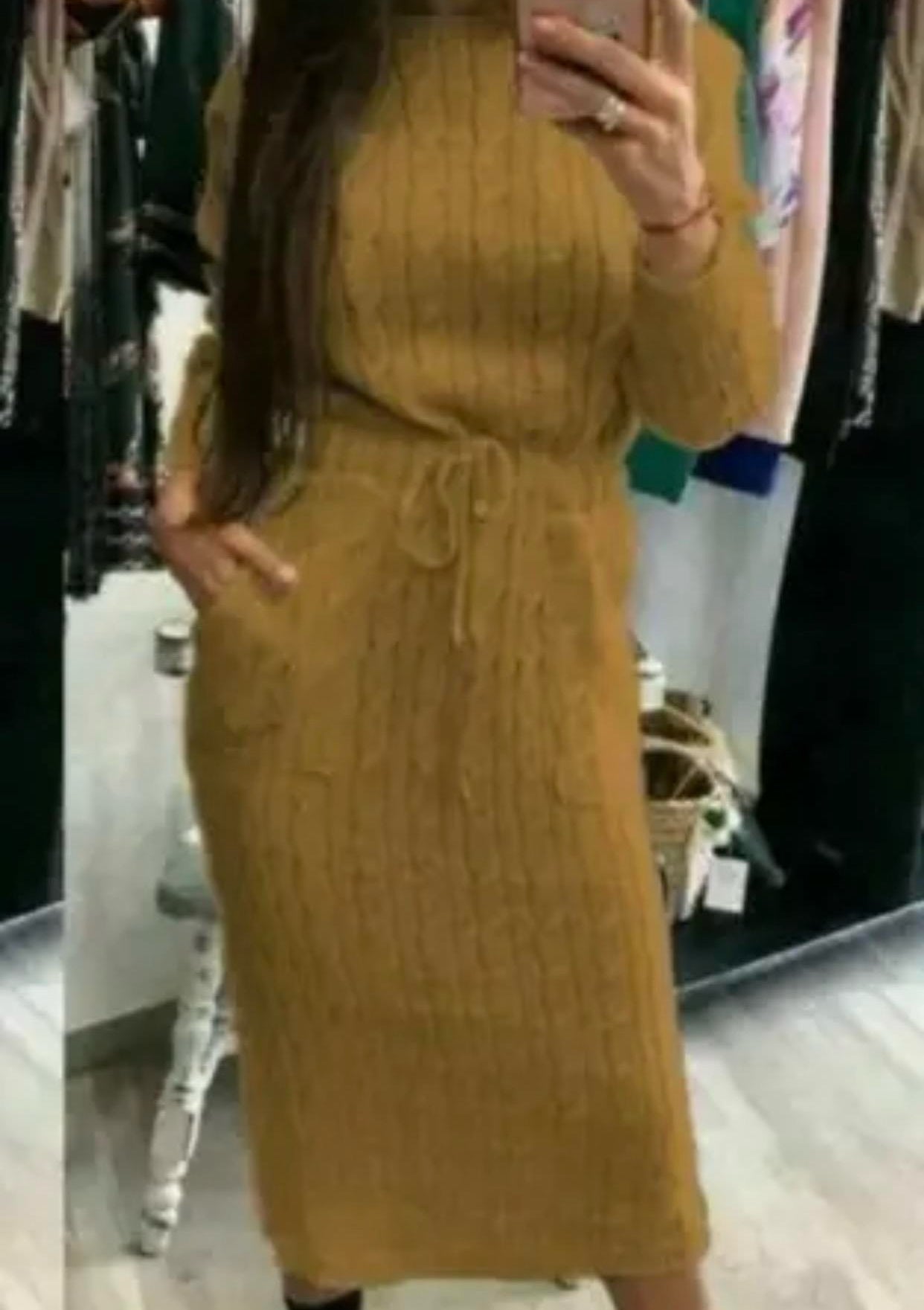 Women Ladies Cable Knitted Pocket Long Sleeve Tie Up Midi Party Jumper Dress Top Comfortable Womenswear Elegant