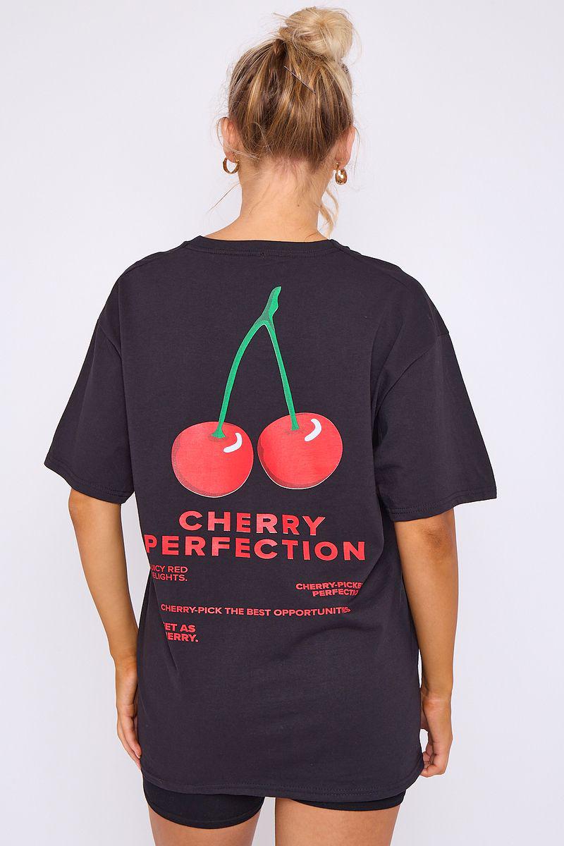 Women’s Ladies short Sleeve CHERRY PERFECTION Print Round Neck OverSized T Shirt Top