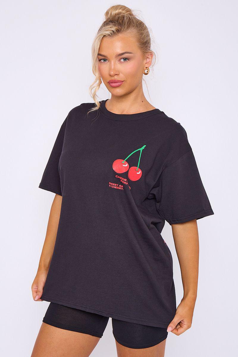 Women’s Ladies short Sleeve CHERRY PERFECTION Print Round Neck OverSized T Shirt Top
