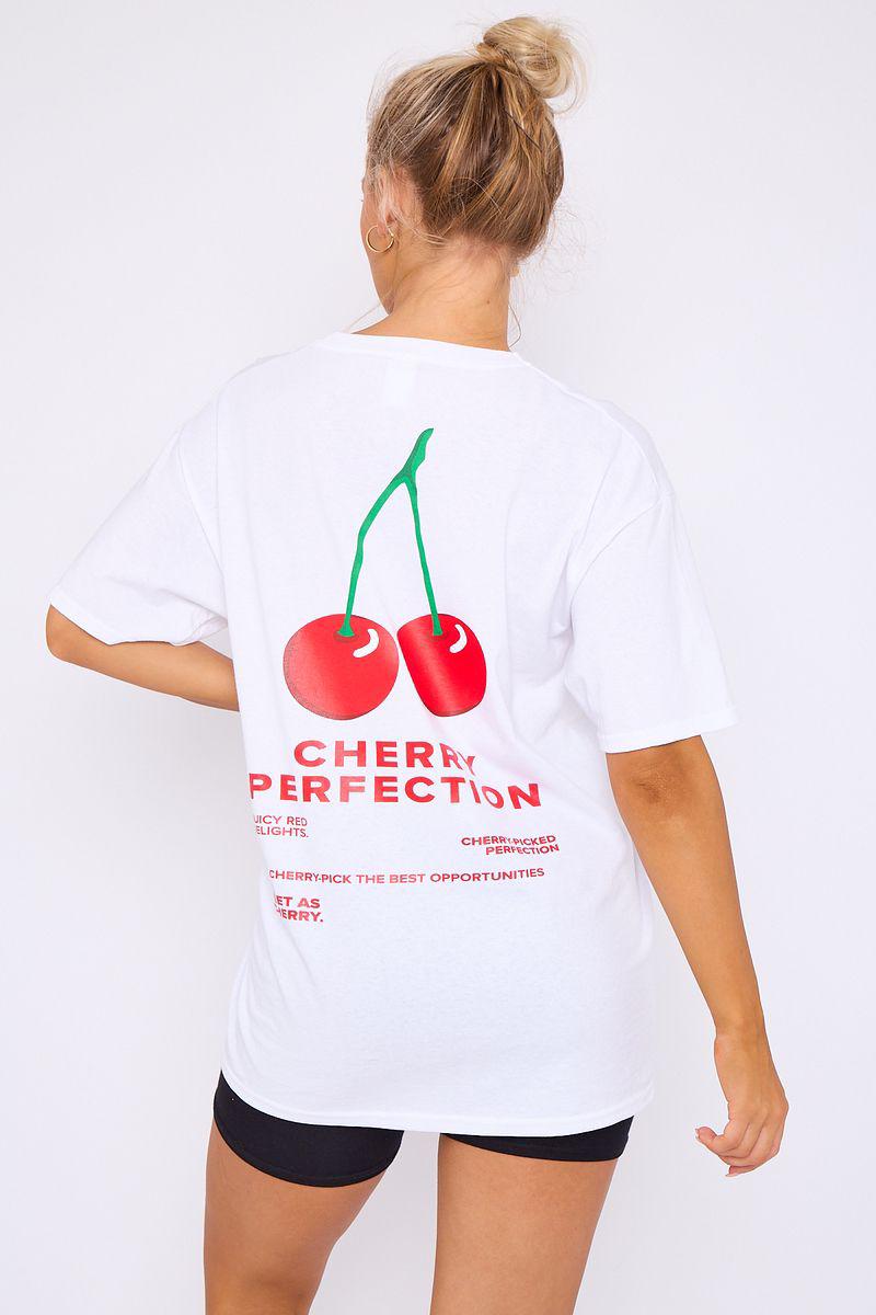 Women’s Ladies short Sleeve CHERRY PERFECTION Print Round Neck OverSized T Shirt Top