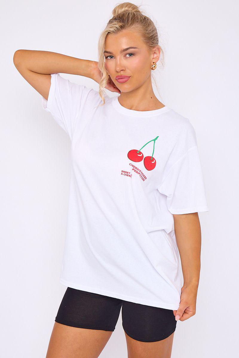 Women’s Ladies short Sleeve CHERRY PERFECTION Print Round Neck OverSized T Shirt Top