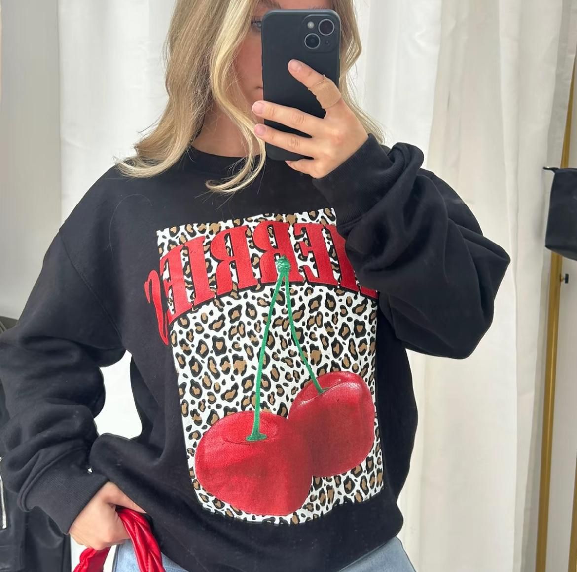 Ladies Long Sleeve Cherries Leopard Print Sweatshirt Jumper Dress