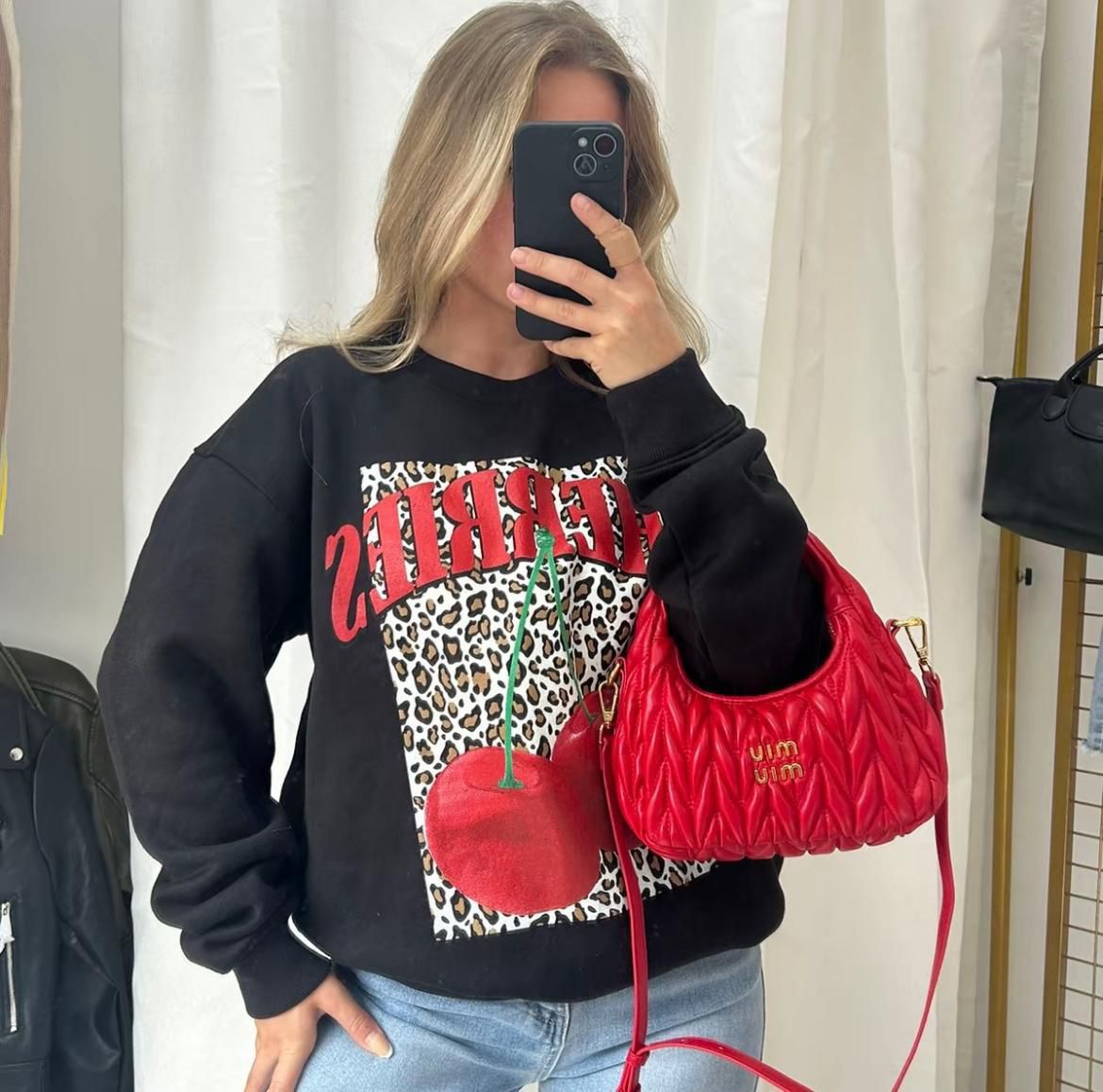 Ladies Long Sleeve Cherries Leopard Print Sweatshirt Jumper Dress