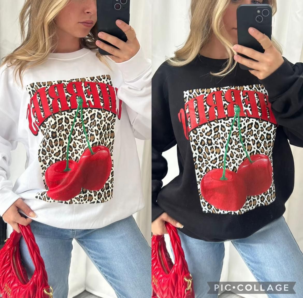 Ladies Long Sleeve Cherries Leopard Print Sweatshirt Jumper Dress
