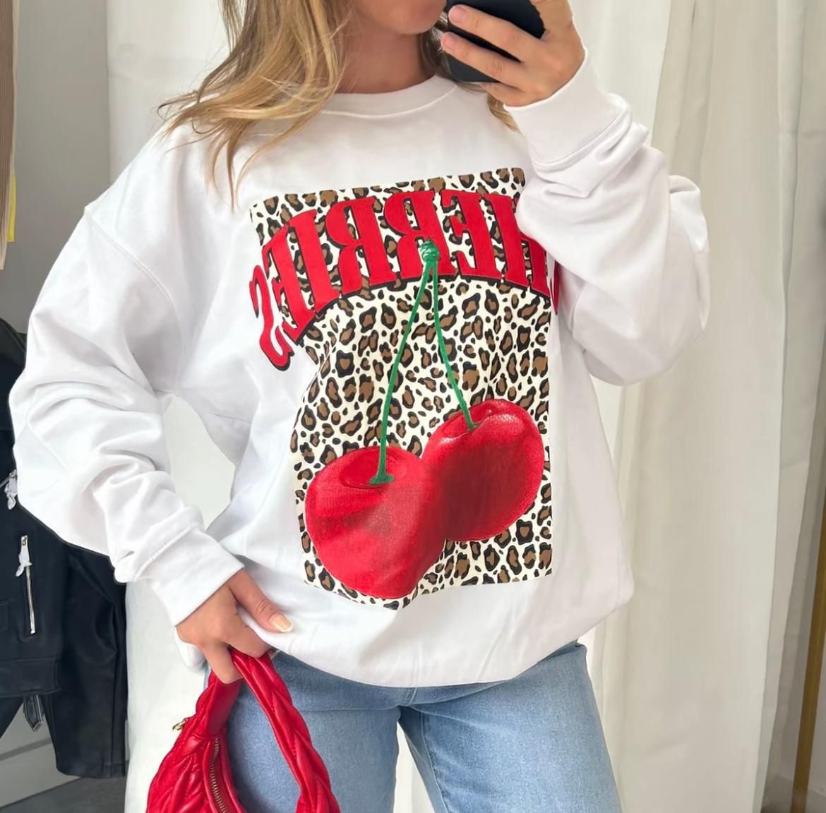 Ladies Long Sleeve Cherries Leopard Print Sweatshirt Jumper Dress