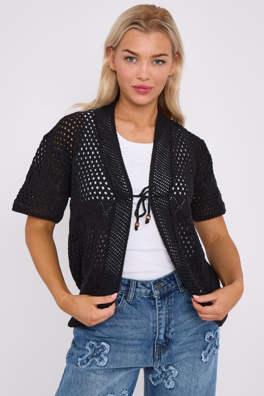 Womens Tie Up Open Front Shrug Ladies Knitted Cropped Bolero Short Cardigan Top Womenswear