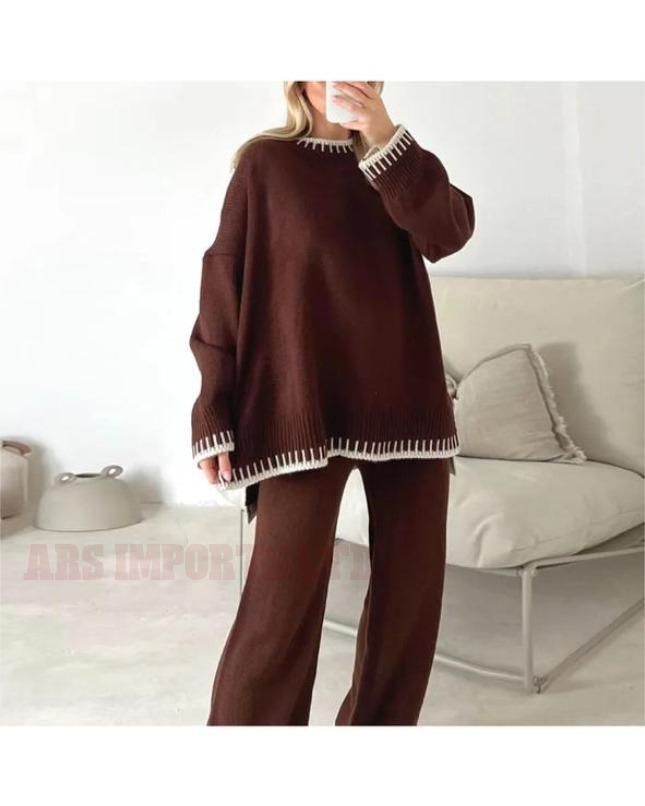 Ladies Knitted Stitched Wide Leg 2 PCS Co-ord Split Suit Sweater Loungewear Set