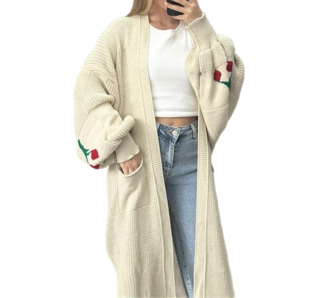 Ladies Knitted Cherry Print Balloon Sleeve Maxi Cardigan