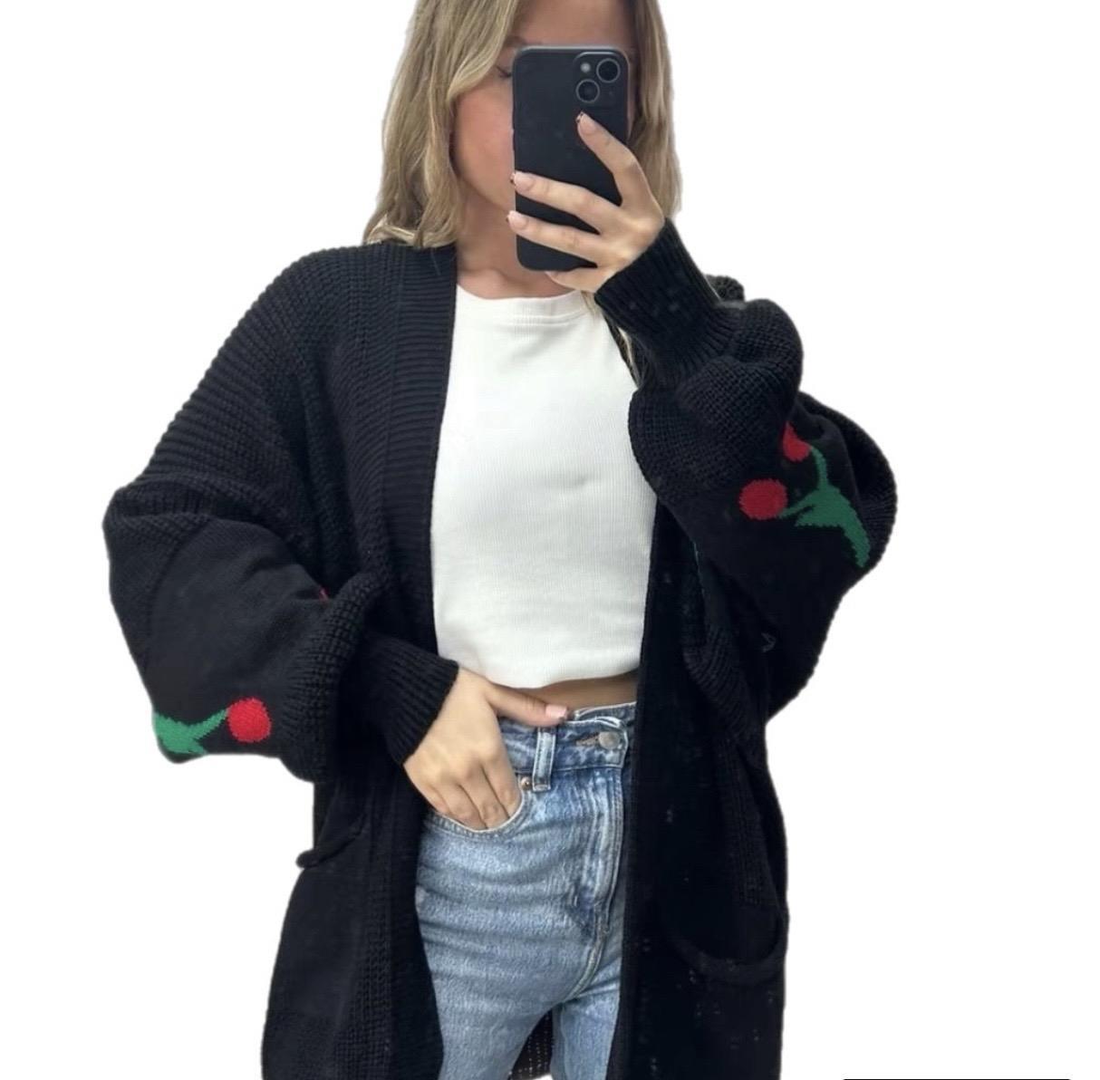 Women’s Ladies Cheery Print Balloon Sleeve Short Cardigan Knitted Jumper Top