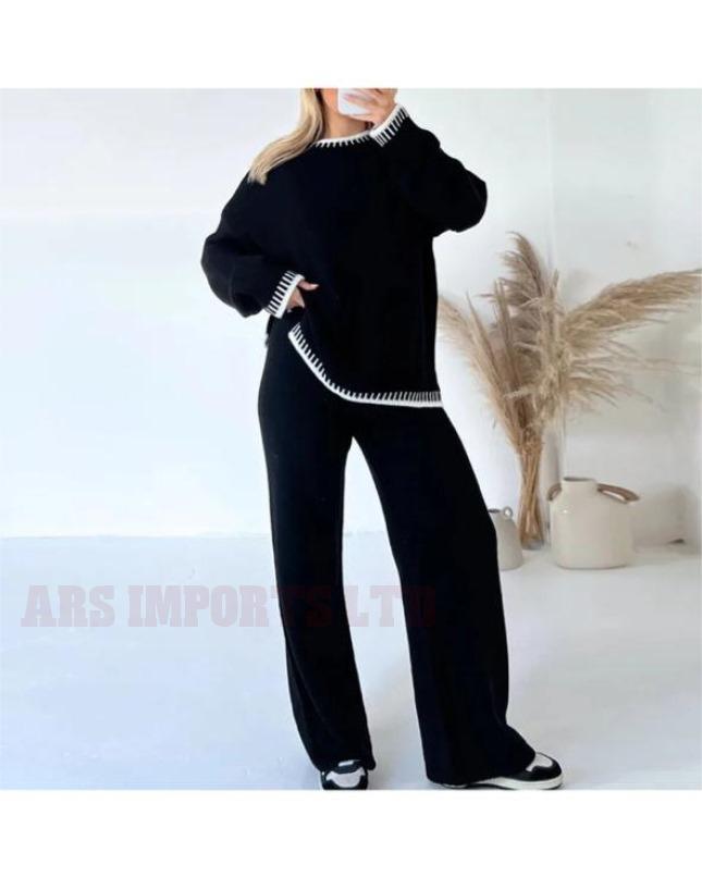 Ladies Knitted Stitched Wide Leg 2 PCS Co-ord Split Suit Sweater Loungewear Set