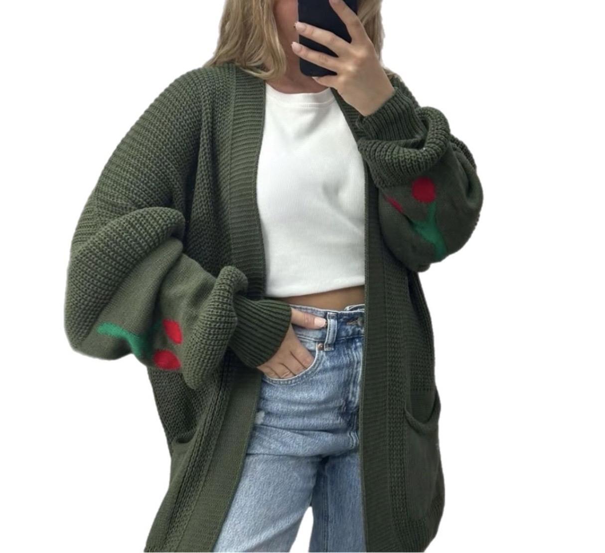 Women’s Ladies Cheery Print Balloon Sleeve Short Cardigan Knitted Jumper Top