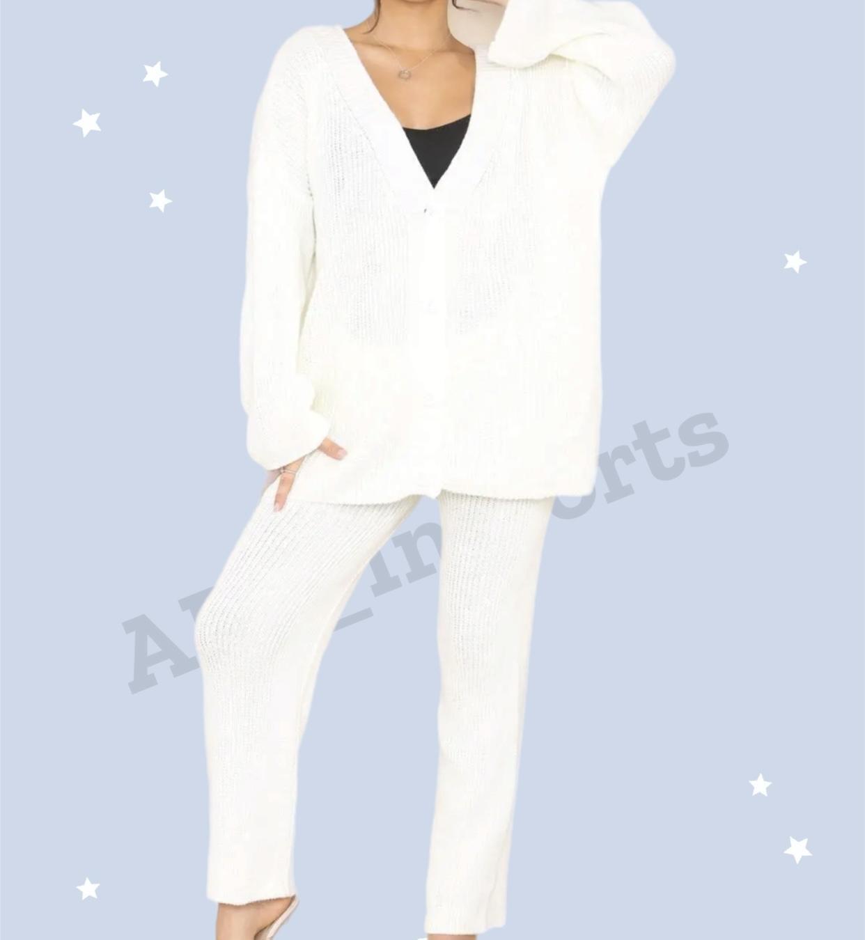 Ladies Rib Knitted Button Cardigan Palazzo Trousers Suit