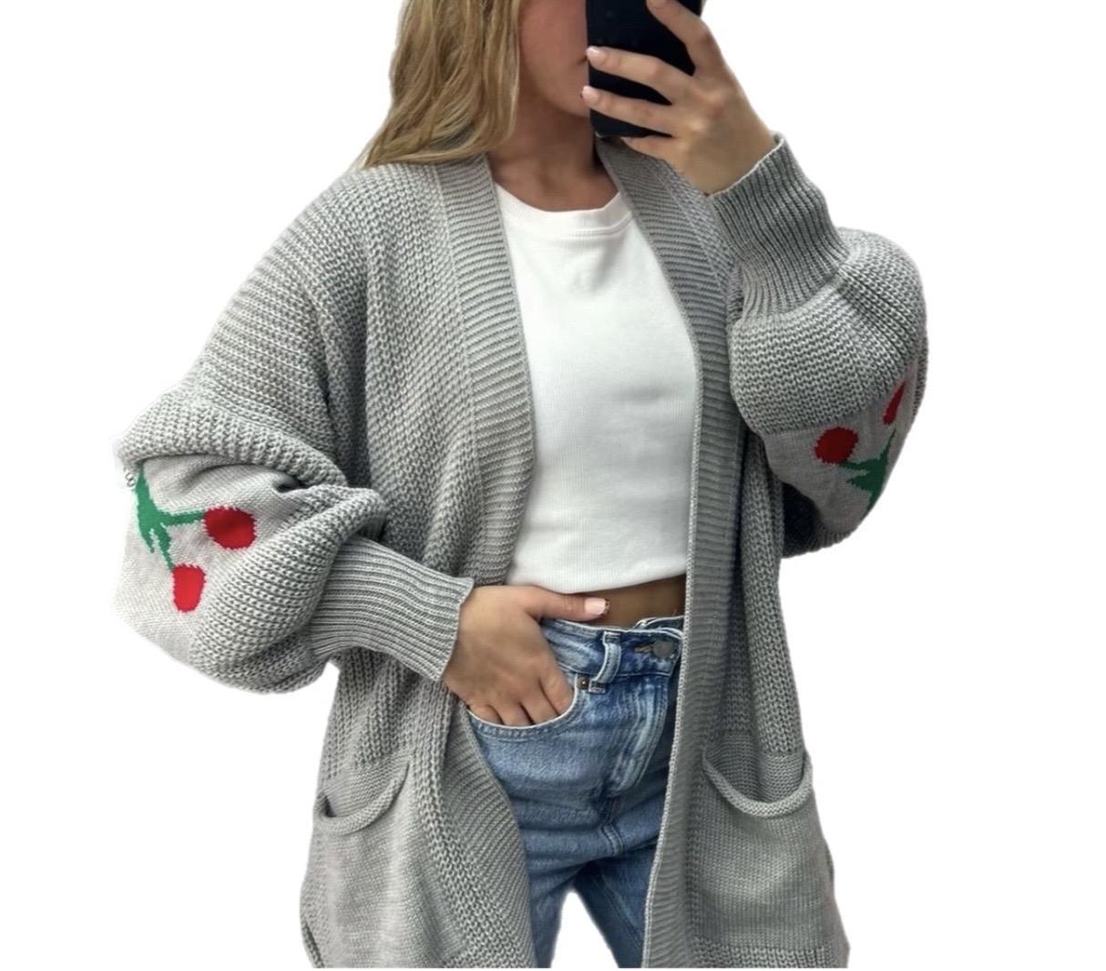 Women’s Ladies Cheery Print Balloon Sleeve Short Cardigan Knitted Jumper Top