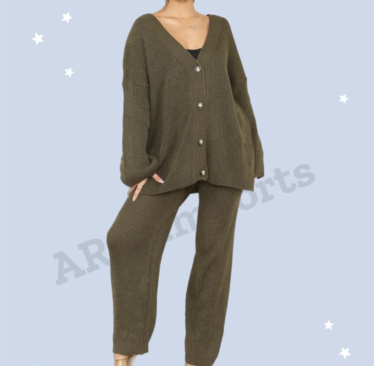 Ladies Rib Knitted Button Cardigan Palazzo Trousers Suit