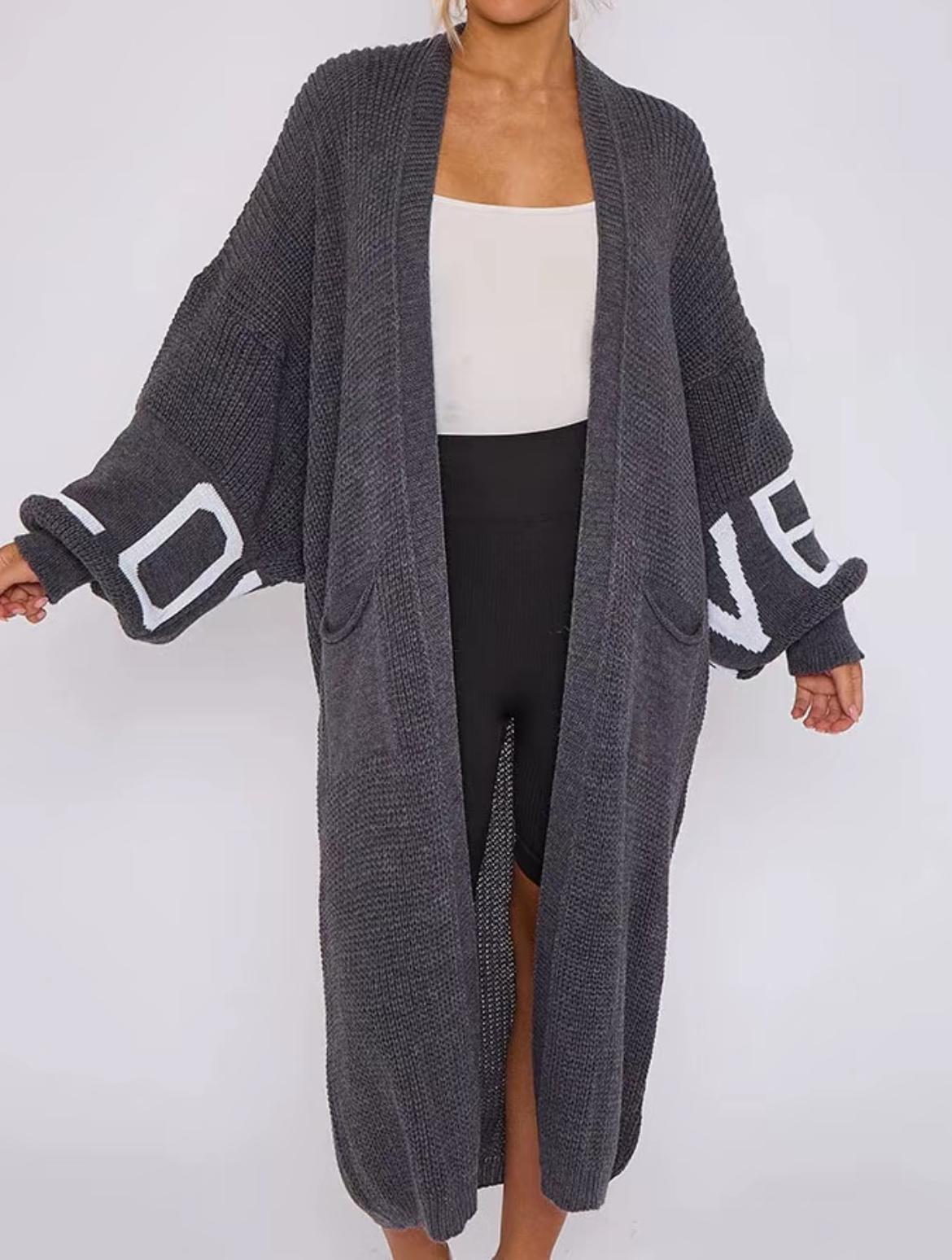 Women’s Ladies LOVE Print Balloon Sleeve Long Cardigan Knitted Jumper Top Dress