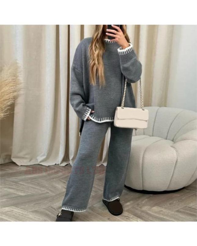 Ladies Knitted Stitched Wide Leg 2 PCS Co-ord Split Suit Sweater Loungewear Set