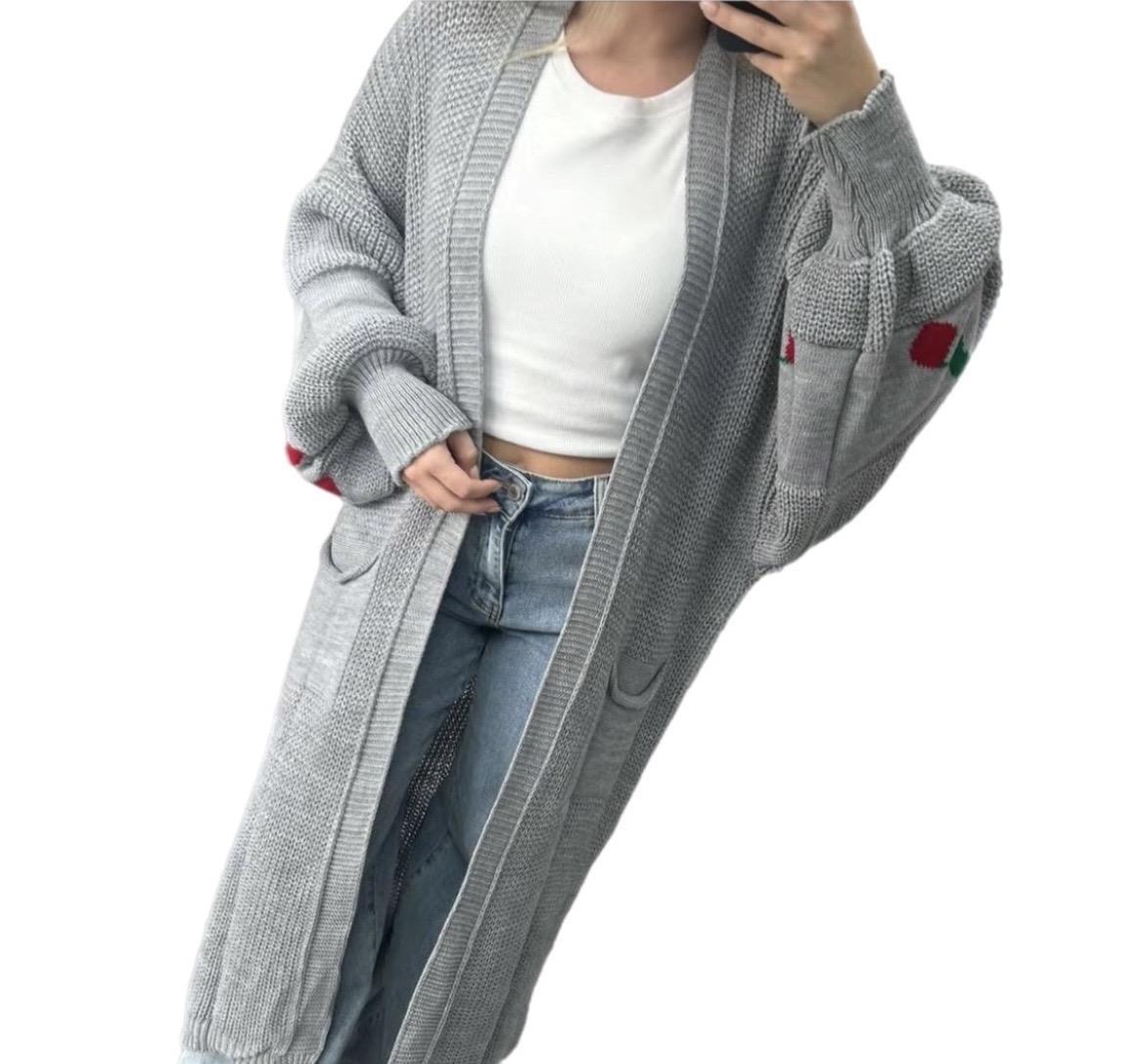 Ladies Knitted Cherry Print Balloon Sleeve Maxi Cardigan