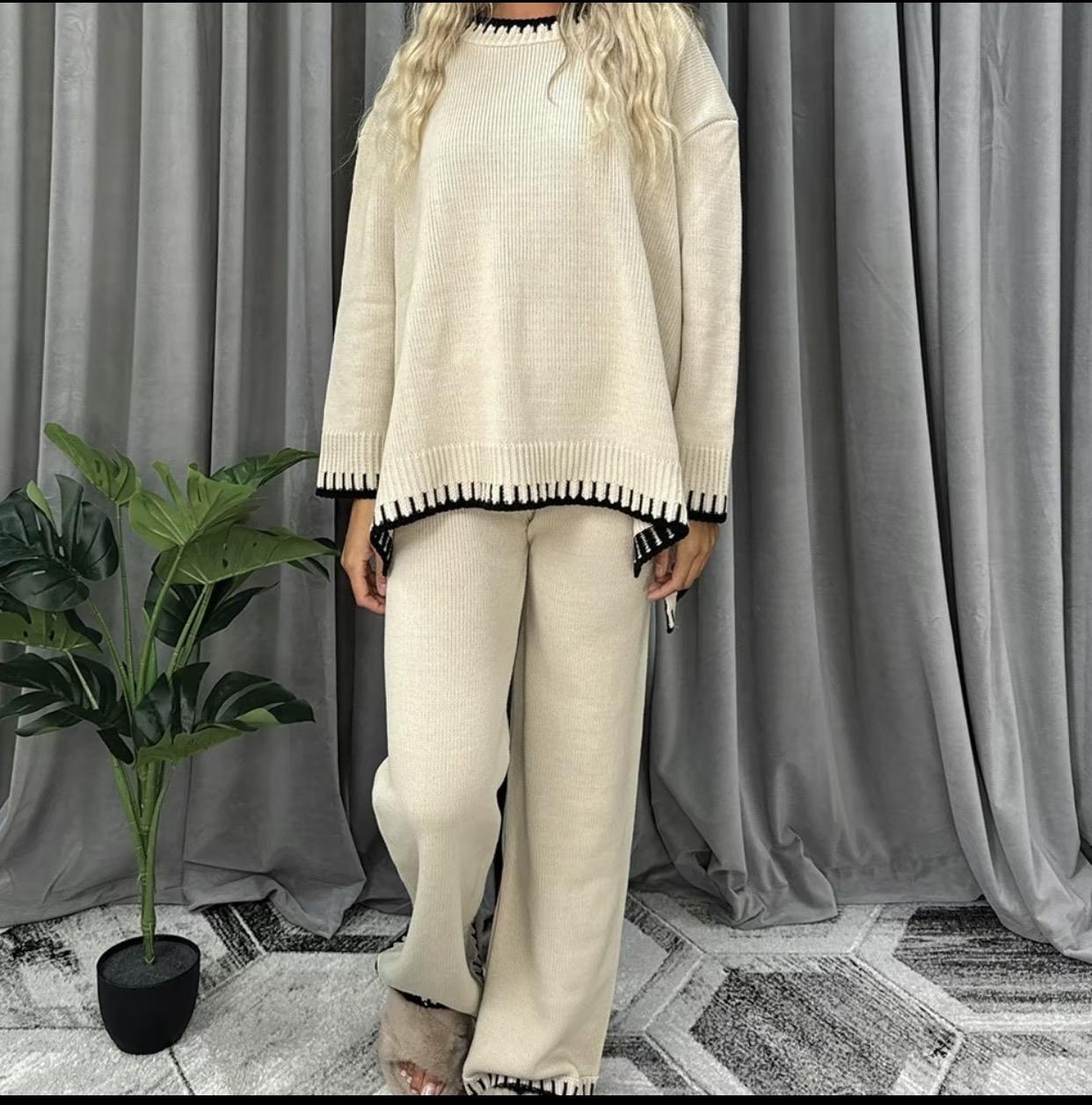 Ladies Knitted Stitched Wide Leg 2 PCS Co-ord Split Suit Sweater Loungewear Set