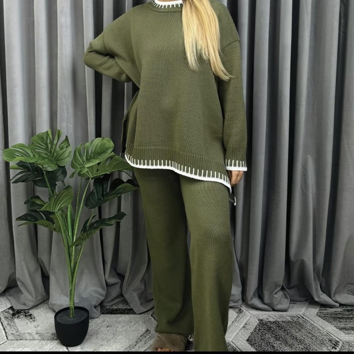 Ladies Knitted Stitched Wide Leg 2 PCS Co-ord Split Suit Sweater Loungewear Set