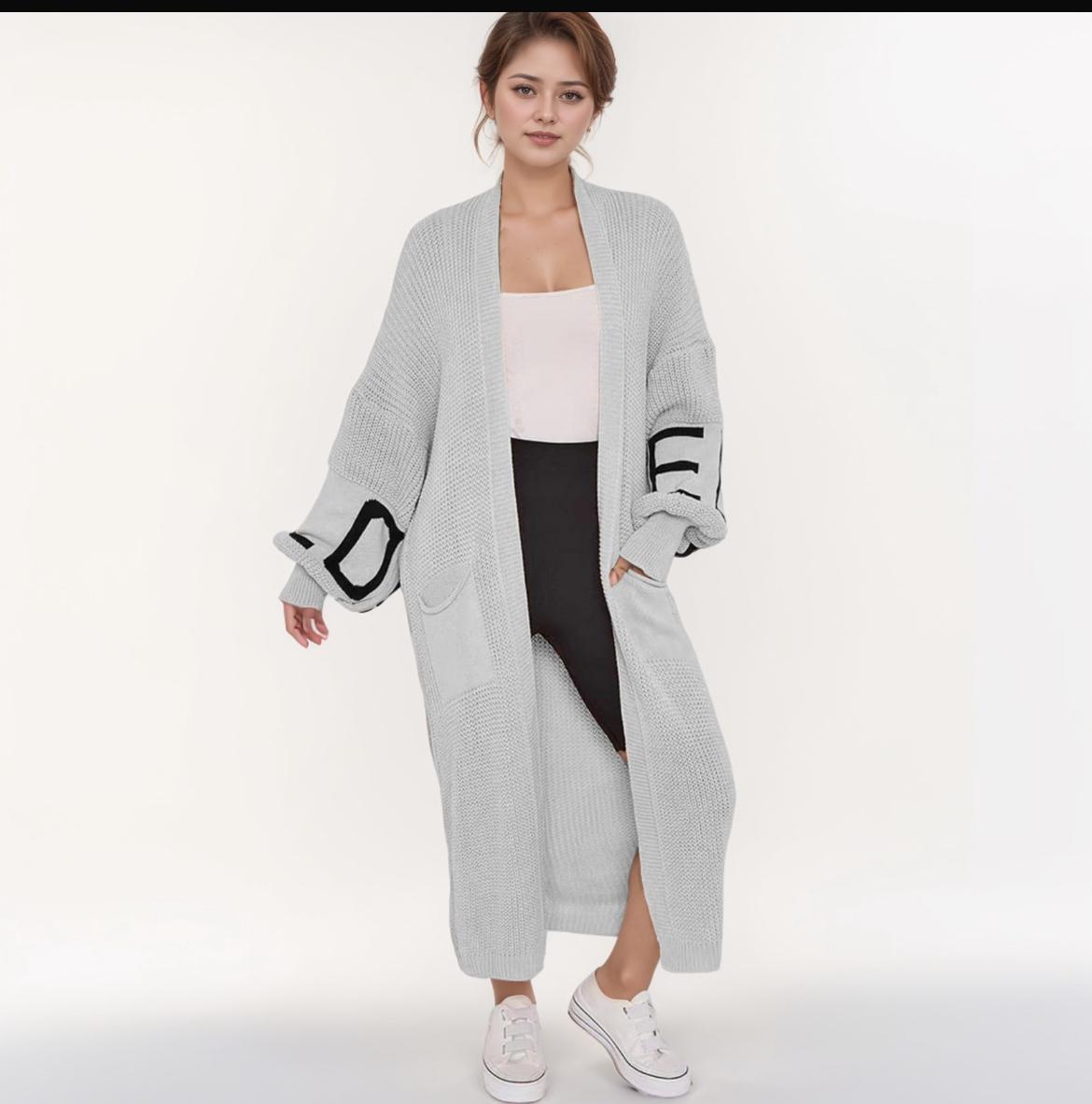 Women’s Ladies LOVE Print Balloon Sleeve Long Cardigan Knitted Jumper Top Dress