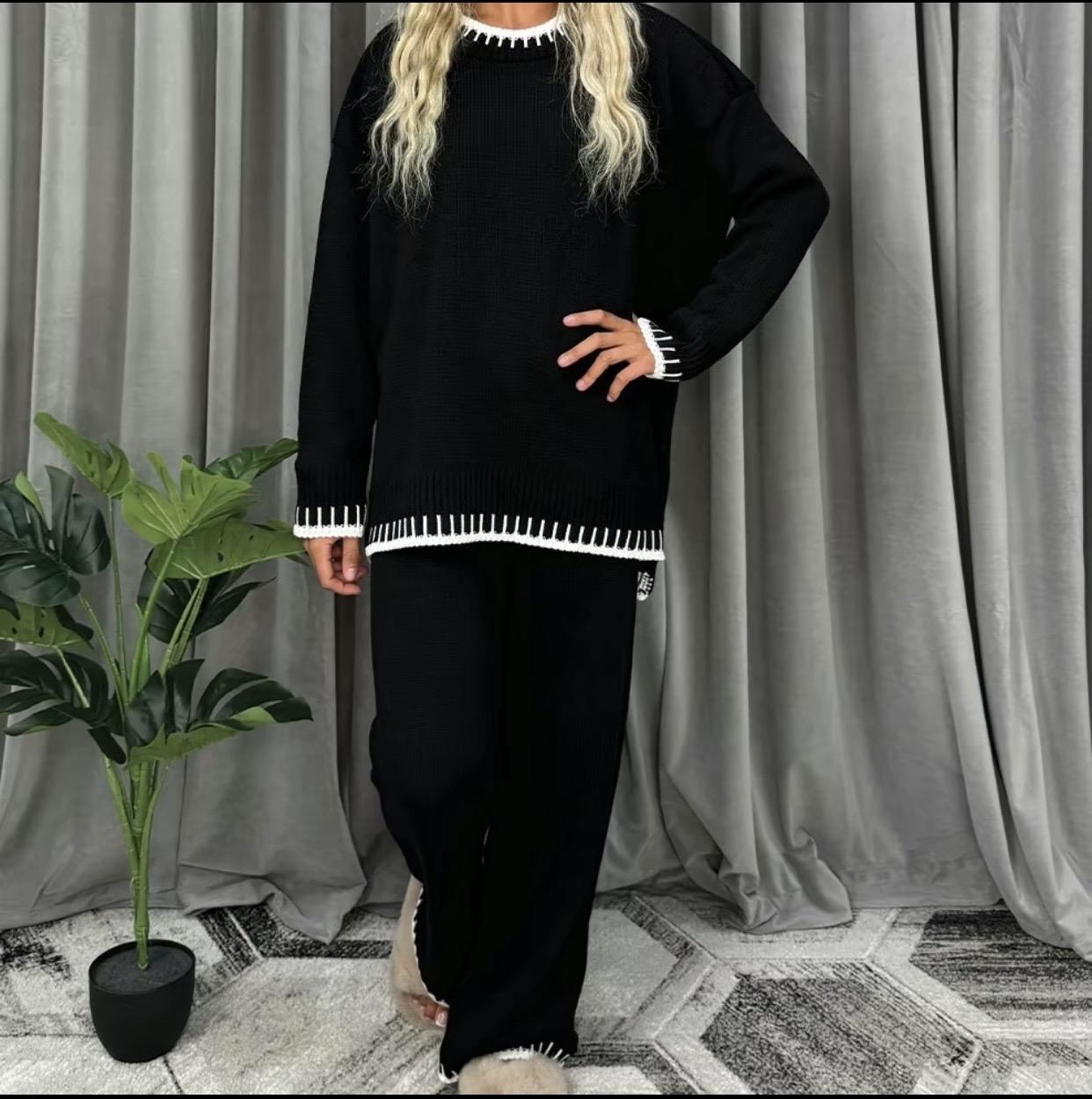 Ladies Knitted Stitched Wide Leg 2 PCS Co-ord Split Suit Sweater Loungewear Set