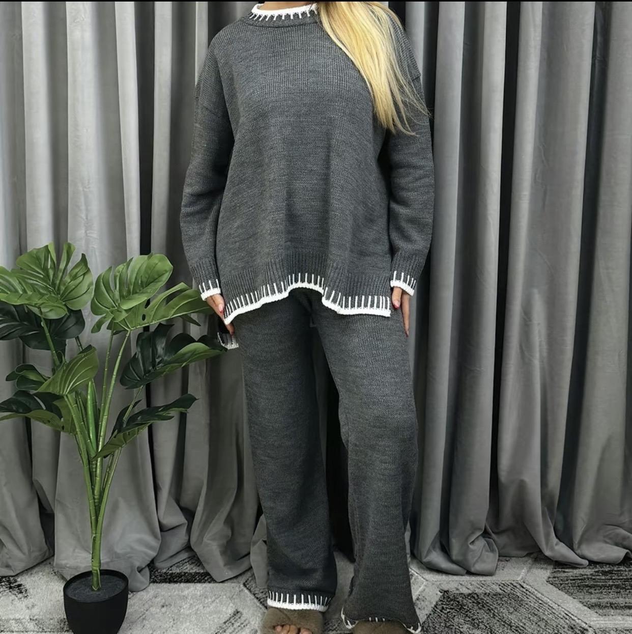 Ladies Knitted Stitched Wide Leg 2 PCS Co-ord Split Suit Sweater Loungewear Set