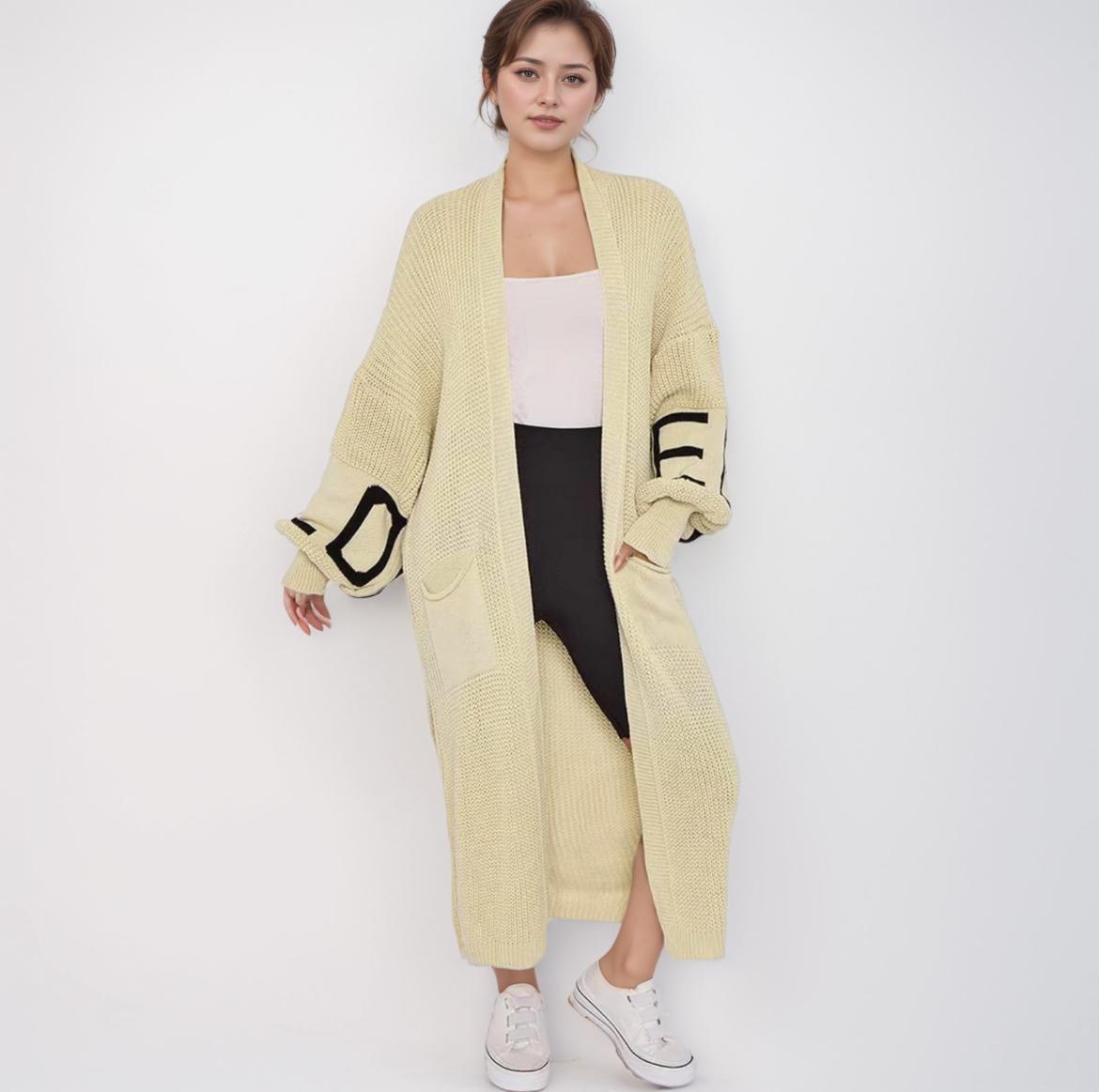 Women’s Ladies LOVE Print Balloon Sleeve Long Cardigan Knitted Jumper Top Dress