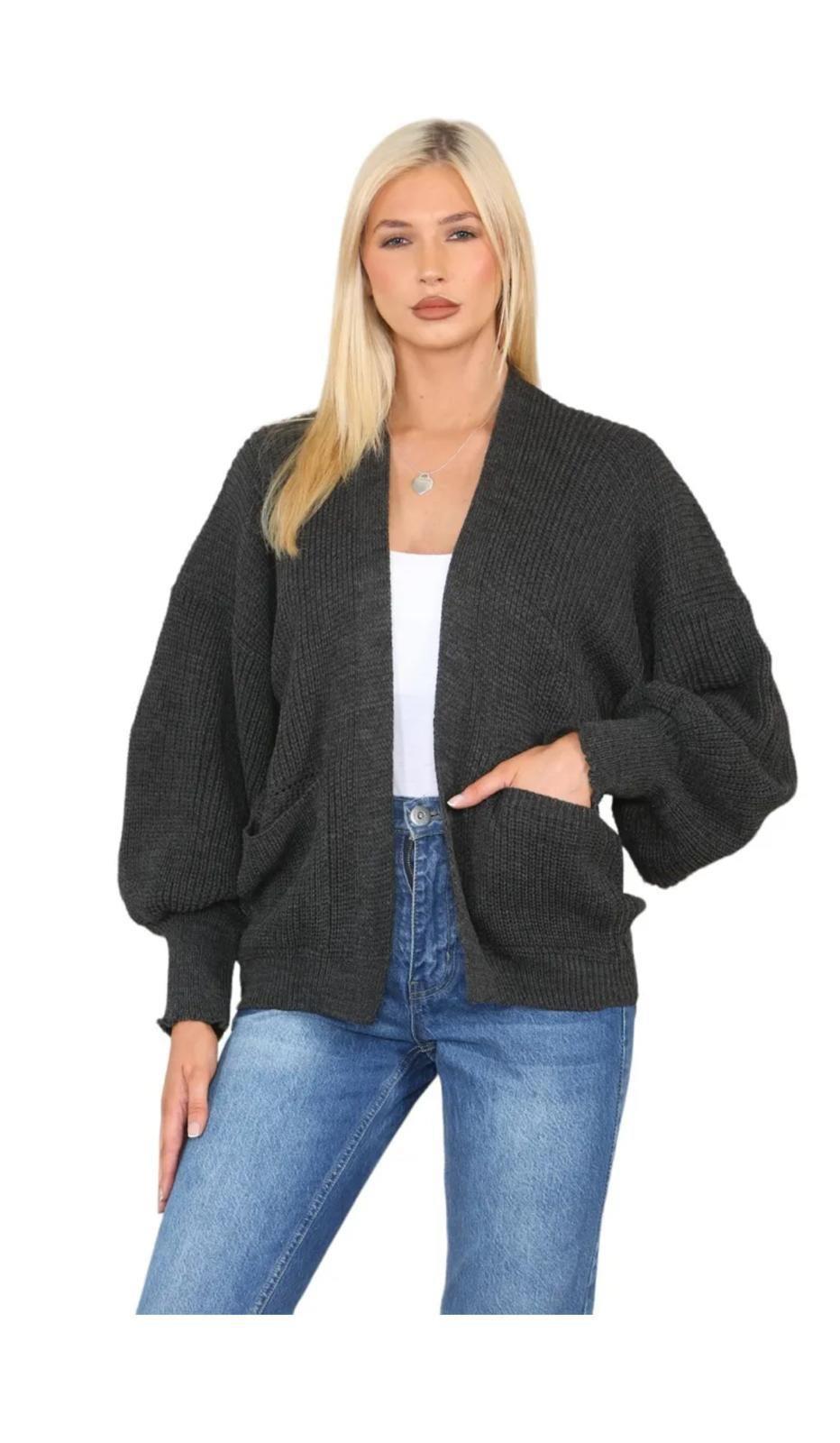 Ladies Balloon Sleeve Oversized Knitted Baggy Short Cardigan